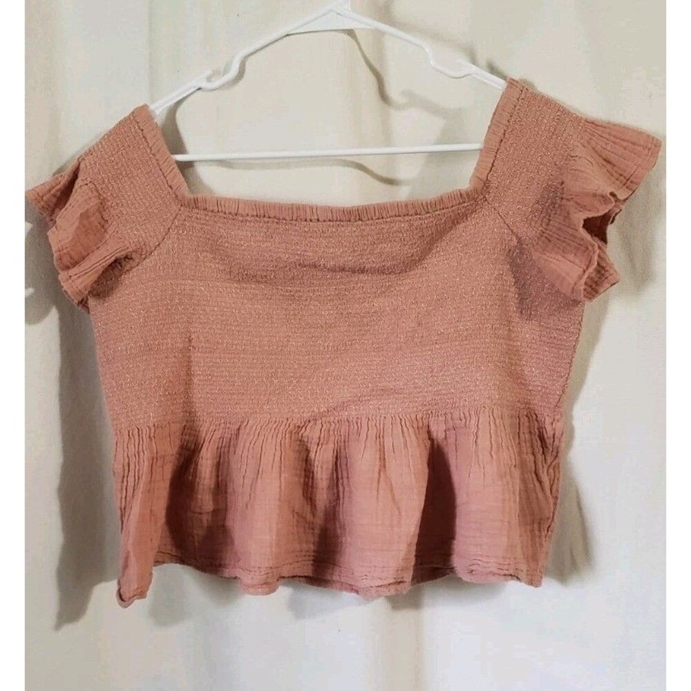 American Eagle Women's XL Off Shoulder Cropped Top Blush Pink Ruffle Sleeve Boho